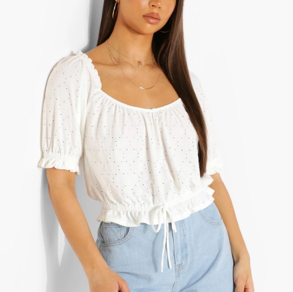 White Eyelet Frill Hem Top